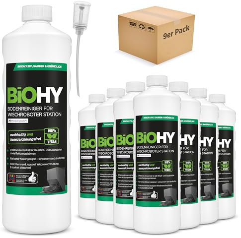 BiOHY Nettoyant de sol pour robot laveur Station avec parfum de printemps (9 x 1 litre) + doseur | Nettoyant concentré pour tous les nettoyeurs et robots aspirateurs avec fonction humide | Faible