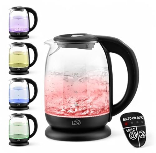 Glas Wasserkocher mit 1,7 Liter, Wasserkessel, Warmhaltefunktion, LED Beleuchtung-Farbe je nach Temperaturwahl 60-70-80-90-100°C | 2200W, BPA-Frei