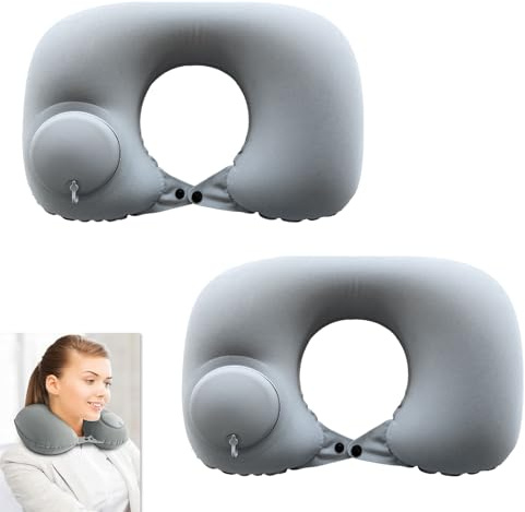 Ksywydu 2 Cuscino Gonfiabile a Forma di U, Cuscino Viaggio Ultraleggero con Pompa Manuale Integrata, Supporto Ergonomico Regolabile, Tessuto Morbido, Compatto, per Aereo/Auto/Treno/Ufficio