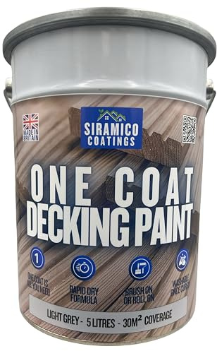 SIRAMICO COATINGS One Coat Anti-Slip Decking Paint | 5 Litres | 7 Luxury Colours I Mould & UV Resistant Formula | White - Grey - Sage Green - Black - Brick Red (Light Grey)