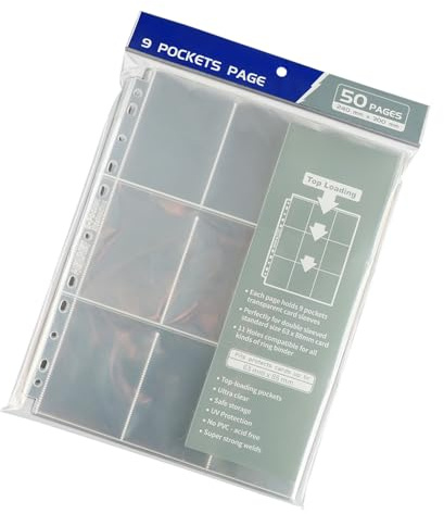 XAGMODSHN Pagina trasparente per raccoglitori di carte da gioco, design a doppio lato, 9 tasche per carte protettive, organizer per fogli da 50 fogli su entrambi i lati
