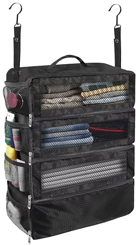 GwaOery Hanging Wardrobe Storage Organiser with 4 Shelves Foldable Wardrobe Clothes Organiser with Mesh Pocket Metal Hooks Hanging Closet Storage Space Saving Ideal for College Dorm Bedroom (Black)
