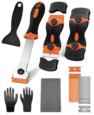 HAIYIPEIZENG Window Scraper Tool, 2 Pcs Glass Scraper+60 Pcs Replace Scraper Blades, 1 Scraper Plate, Gloves and Cleaning Cloth, Non Scratch for Glass, for Hob Oven, Cooktop, Windows, Sticker, Glass