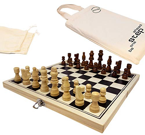 Big Game Hunters Portable Wooden Chess Set – Pine Folding Board 30 × 30 cm (12 × 12 in) Travel Chess Set – Superior Chess Pieces with Protective Base Pads – Board Game for Adults & Kids