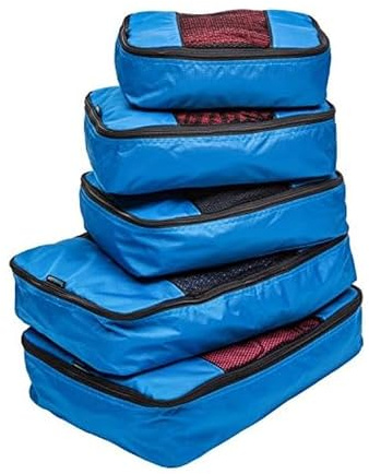 TravelWise 5 Piece Packing Cubes Set, Lightweight Luggage Organizer with Mesh Panels and 2 Way Zippers, Includes Small, Medium and Large Cubes for Travel, Blue