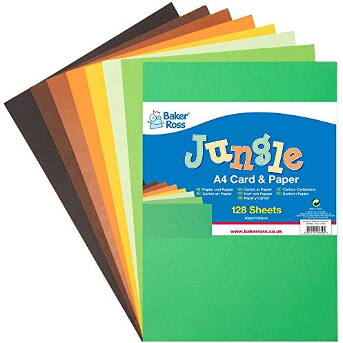 Baker Ross AX999 Dschungel Bastelkarton und Bastelpapier - 128 Blatt, DIN A4 Karte und Papier zum Basteln für Kinder und Erwachsene, Dschungel
