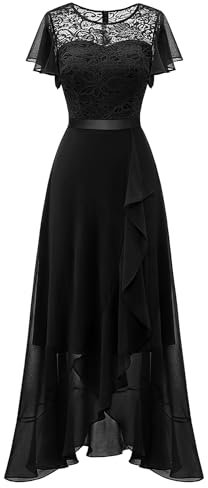 BeryLove Formal Dresses for Women Wedding Guest Ruffle Short Sleeve Elegant Cocktail Bridesmaid Party Prom Homecoming Dress High Waist Lace Long Evening Gown 51 Black L