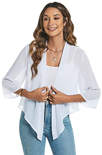 Famrrifuu Femme Boléro Court Gilet Léger Manches 3/4 Boléro Cardigan Élégant Veste Courte Mousseline de Soie,Blanc,S