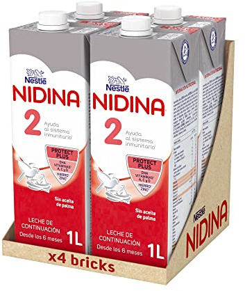 Nestlé Nidina 2- Leche de continuación líquida para bebés a partir de los 6 meses, brik de 1 litro x 4 unidades