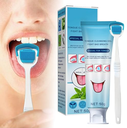 Genikeer Zungenreiniger-Set, Zungenschaber, Tongue Cleansing Gel + Zungenbürste, Tongue Cleaner Zungengel, Zungenreinigungsgel Mit Bürste, Mundhygienebürste Und Zungenreinigungsgel