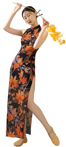 Chinese Qipao Dress for Women Cheongsam Dress Mandarin Collar Chinese Dresses Traditional Clothes Non Sleeve Printed Black