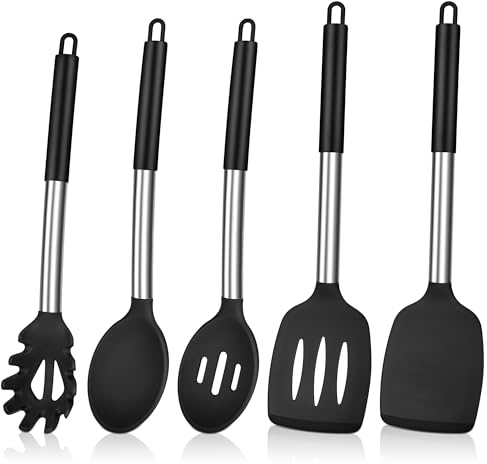Herogo Kitchen Utensils Set, 5 Pieces Silicone Cooking Utensil with Stainless Steel Handle, Heat Resistant Kitchen Cooking Tools Turner Spoon Spatula for Nonstick Cookware Pan – Black
