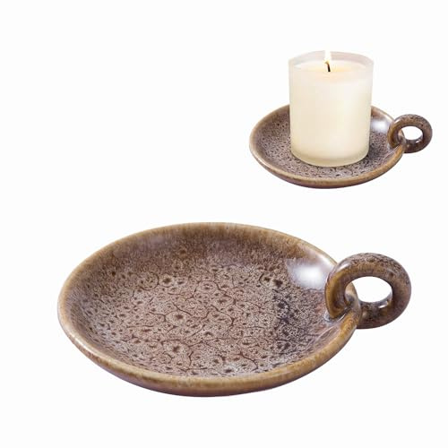 Vintage Ceramic Candlestick Holder with Handle, Mini Round Candle Holder Farmhouse Table Centerpiece Ceramics Candle Tray for Kitchen Bathroom Coffee Table Christmas Décor (khaki, Diameter12)