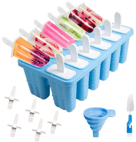 12 Cavità Stampi per Ghiaccioli in Silicone, Riutilizzabili e Senza BPA, Completi di Spazzola per la Pulizia e Imbuto Pieghevole in Silicone, Facili da Usare per Ghiaccioli Fatti in Casa - Blu