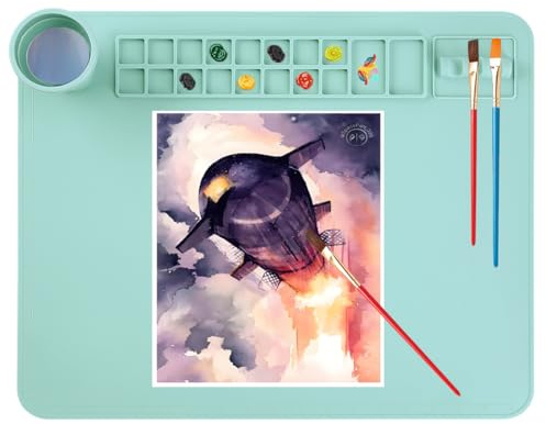 Patpot Silicone Painting Mat for Kids, Craft Mats with Detachable Cup 50x40cm Toddler Art Mat with Paint Palette Non-Slip Watercolor Mat Clay Art Supplies DIY Accessories for Painting ＆ Drawing - Blue