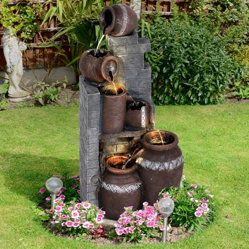 LEISU 6-Tiers Outdoor Indoor Fountains Modern Resin Floor-Standing Cascading Water Feature Fountain with LED Lights, Garden Deck Patio Porch Backyard Court