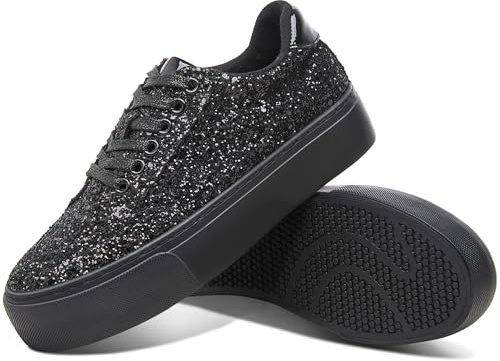 Jeekopeg Glitter Platform Sneakers Women Casual Sequin Sparkly Shoes Bling Thick Sole Walking Shoes Shiny Sequin Wedding Sneakers for Lady(All Black Glitter,US8)