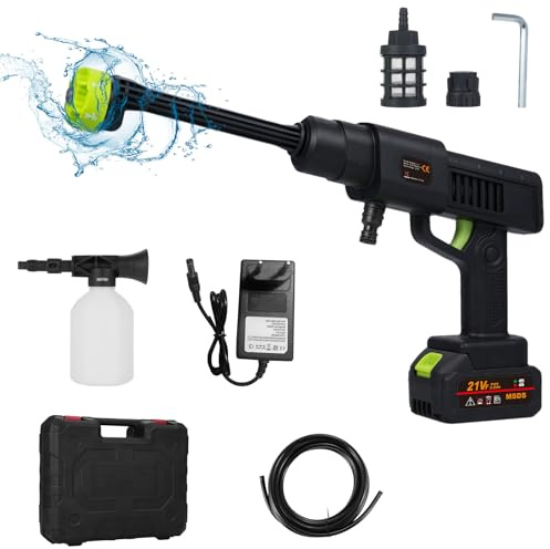Shkalacar 21V Pistola Agua Presion Bateria, Hidrolimpiadora de Bateria con 1 O 2 Baterías, Boquilla 6 en 1 Limpiadora Portátil Cañón de Espuma, Cargador para Riego, Limpieza, Lavado de Autos