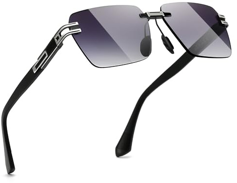 SUNGAIT Lunettes de soleil rectangulaires sans monture Lunettes carrées sans monture pour hommes et femmes Style vintage rétro Y2K Protection UV (Monture argentée/Verres gris dégradés)