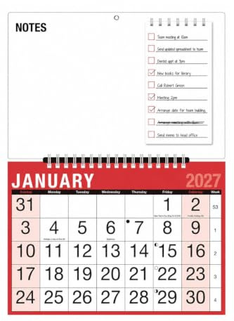 2027 Wall Calendar Month to View Red - Dry Wipe Board Notes To-Do List Pad