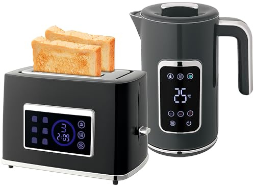 HOMCOM Kettle and Toaster Set with LED Touch Screen, 1.7L 3000W Rapid Boil Jug Kettle with Stainless Steel Inner, Keep Warm Memory Function, Cool Touch Body, 2 Slice Toaster w/6 Browning Levels, Grey