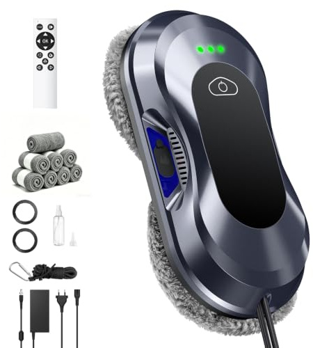 Robot Lavavetri Elettrico 2026 con Doppio Ugello, Aspirazione 6000 Pa, 3 Modalità di Pulizia, Serbatoio Acqua 60 ml, Lavavetri Elettrico per Finestre, W22D
