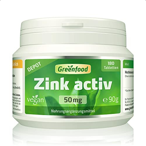 Zink aktiv, hochdosiert, 50mg - 180 Tabletten, vegan. Wochenration. Reines Zinkbisglycinat - für Stoffwechsel, Hormonhaushalt & Immunsystem. OHNE künstliche Zusätze - laborgeprüft. Von Greenfood.