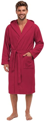 Bathrobe Men & Women 100% Cotton OEKO-TEX® Certified - S Burgundy - Premium Dressing Gown Mens Absorbent Towelling with Hood, 2 Pockets, Belt