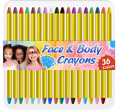 RoserRose 36 Farben Kinderschminke Set, Gesicht Malen Buntstifte, Fasching Gesichtsfarben Kinder Fasching Schminke für körperfarbe kinderschminke fasching Halloween & Fasching mit 5 Schablonen