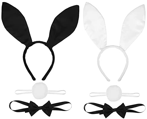 2 Conjuntos Orejas Conejo, Conejo Diadema Orejas, Disfraz Cola Conejo, Sexy y lindo para Fiesta de Disfraces, Cosplay, Carnaval (Blanco y Negro)