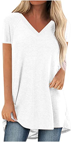 Oversize Lang Pullover Damen Longshirt Kurzarm T-Shirt Sommer Oberteile Elegant Einfarbig Tshirt Longbluse Große Größe V-Ausschnitt Longtops Loose Fit Bluse Shirts Übergröße Lose Pulli Geschenk
