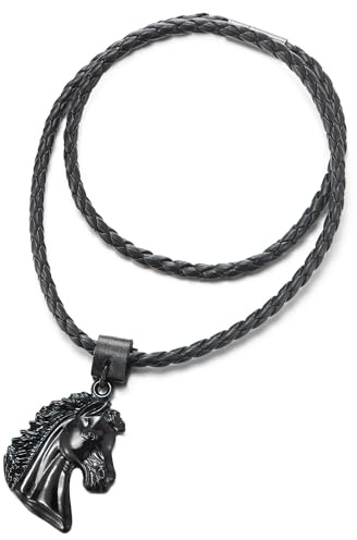 COOLSTEELANDBEYOND Negro Caballo Cabeza Colgante Collar para Hombre Mujer, Negro Cuero Collar Trenzado