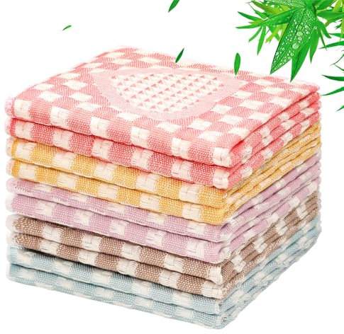 Arwllzz 10Pack Dish Cloths 30x30 Bamboo Towels Kitchen Cloths, White Microfibre Cloths for Drying Dishes Lint Free Streak Free Washable Dishcloths for House, Random Color (Plaid pattern)