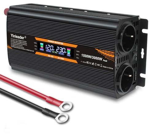 Yinleader 1500W /3000W 12v auf 230v KFZ Spannungswandler-Auto Wechselrichter Umwandler-Inverter Konverter mit 2 EU Steckdose und 1 LCD Spannungsanzeige mit Zigarettenanzünder