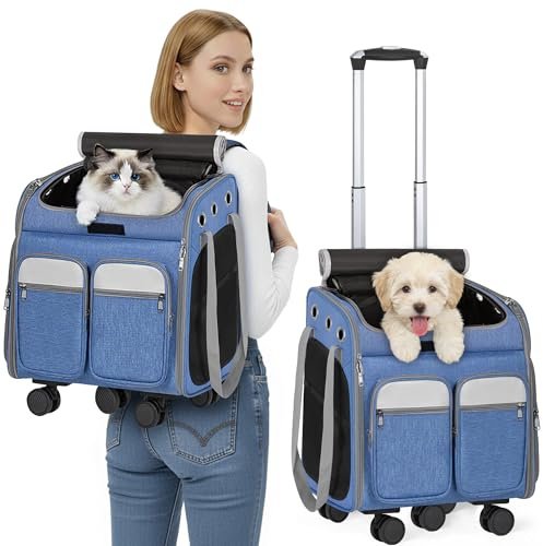 OUUTMEE Sac Transport pour Chat et Chien avec roulettes, Sac à Dos Chat Respirant avec Poignée Télescopique, Sac de Transport pour Chiens, Portable Sac Chat Transport pour Voyage, Achats - Bleu