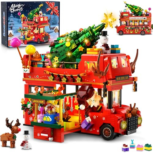 INSOON Set di giocattoli da costruzione per autobus con luce, City Christmas Bus con albero di Natale, 1262 pezzi, set di mattoncini per bambini, ragazze, ragazzi a partire dai 10 ai 12+