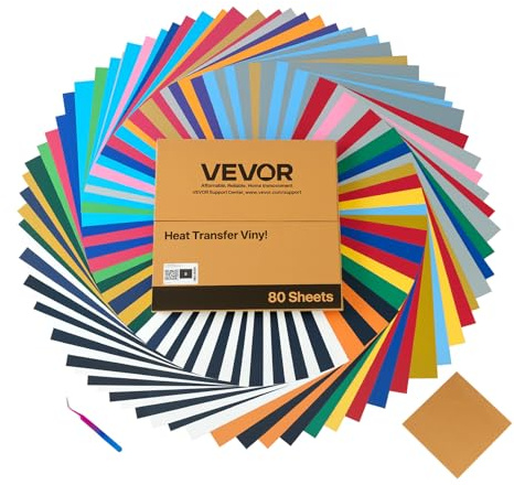 VEVOR pvc-k-vinyl-80 st överföringsfolie (304,8 x 304,8 mm) 80 ark, olika färger, plotterfolie kompatibel med skärmaskiner, påstrykningsfolie för T-shirts kuddar hattar, PVC
