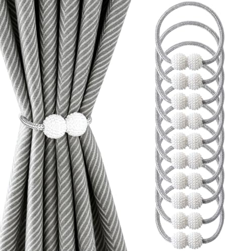 Magnetic Curtain Tiebacks 10 Pack, Pearl Rope Holdbacks, Weave Drape Clips | Silver Grey Pearl Beads, Braided Rope Design, Modern Home Office Decor, Curtain Holdbacks Drape Clips