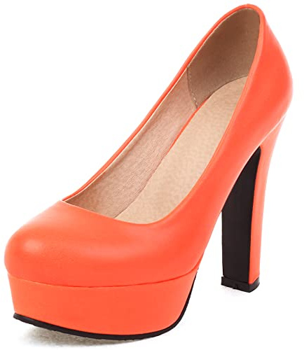 Gicoiz Plataforma Tacón Alto Zapatos Mujer Fiesta Bomba Tacón Ancho Punta Rojoonda Sin Cordones Bride Boda Elegante Bomba Formal Naranja Talla 38 EU-39Cn