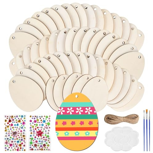 57 Stück DIY Oster-Bastelset aus Holz, inkl. 50 Ostereier zum Bemalen, 3 Pinsel, 2x Diamant-Sticker, Mischpalette und Seil