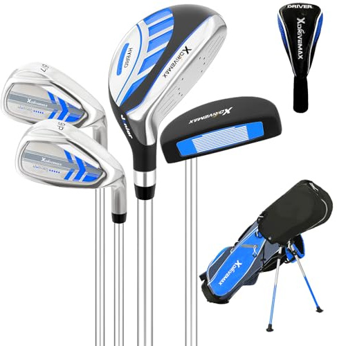 Juego de palos de golf para niños de 5 piezas, juego de palos de golf junior de 4 a 12 años, incluye bolsa de soporte, unidad 1#, híbrido 5, 6/7#, 9/P # hierros y putter mano derecha para niños y