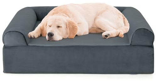 GOPLUS Cama Ortopédica para Perros Grandes, Cama de Espuma Viscoelástica con Reposacabezas Extraíbles, Funda Desmontable Lavable, Sofá de Gel Refrescante con Base Antideslizante para Mascotas, Gris
