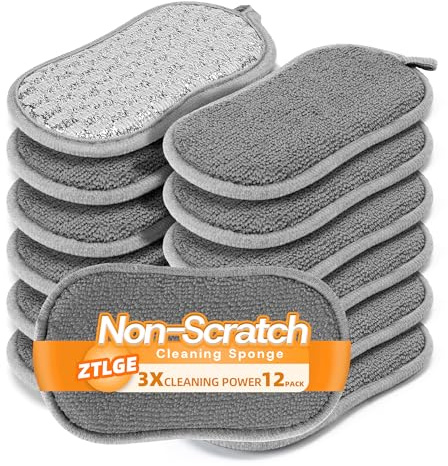 Multi-Purpose Scrub Kitchen Sponges – 12 Pack Dish Sponge, Dual-Sided Non-Scratch Microfiber & Metal Scrubber, Reusable Sponges for Dishes, Pots, Glass, Sink, Stovetop & Bathroom (Gray)