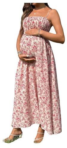 GORGLITTER Women's Maternity Dress Floral Flowy Spaghetti Strap Cami Dress | Summer Beach Vacation Dress, Smocked Flared Long Pregnancy Sundresses, Going Out Dress