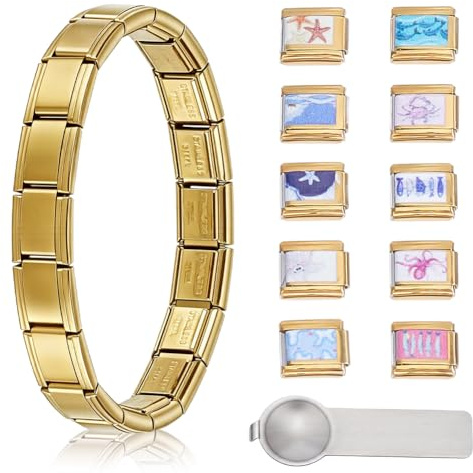 WEBEEDY Bracelet Charme Italien en Or avec Bracelet de Départ, Charnières Pendentifs en Acier Inoxydable et Outil d'Ouverture pour Femmes Fabrication de Bijoux Personnalisés Cadeau d'Anniversaire