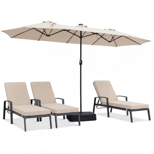 RELAX4LIFE Ombrellone da Giardino 4 x 2 M con Luci LED, Ombrellone Grande con Base e Apertura Manovella per Patio, Terrazzo, Balcone e Ristorante (Beige-Base+Luci, 4 x 2 M)