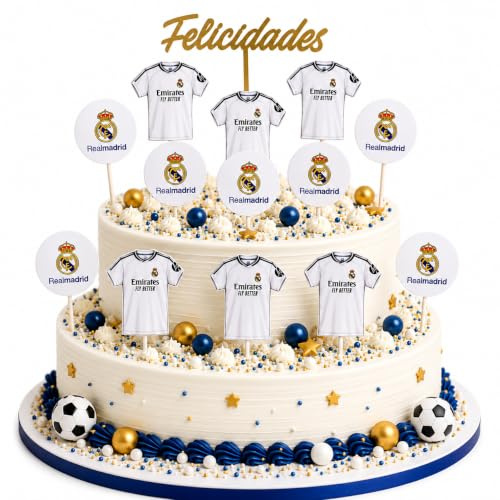 13 Toppers Real Madrid para Tartas y Cupcakes, Decoración Cumpleaños Real Madrid, Topper Feliz Cumpleaños, Decoración Tarta Fútbol, Fiesta Infantil (TOPPER CAMISETAS)