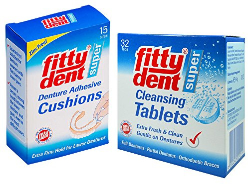 Fittydent Super Set 2 in 1 – Cuscini adesivi per protesi, 15 strisce e compresse super detergenti, 32 linguette