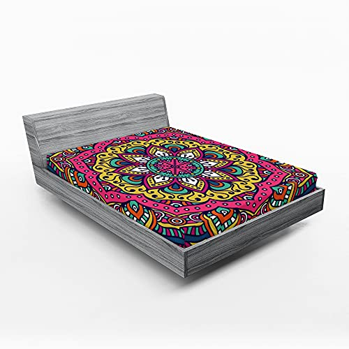 ABAKUHAUS Mandala Spannbetttuch, Bunte Blumenmotiv, Soft Dekorativer Stoff Bettwäsche Rund-um Elastischer Gummizug, 160 cm x 200 cm, Multicolor Weiß