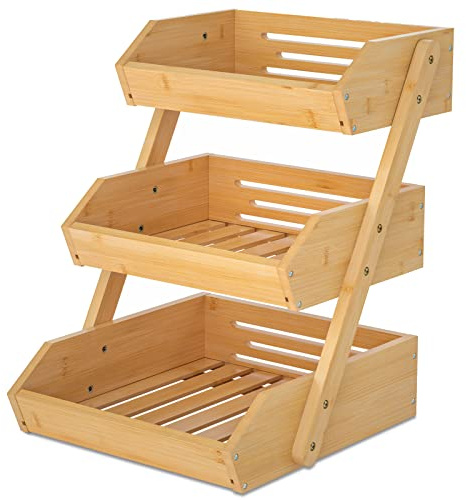 Merysen Large 3 Tier Bamboo Fruit Basket Stand for Kitchen Countertop – Fruit Holder – Suitable for Bread, Vegetables, Produce, Home Storage and Display